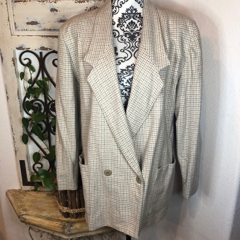 Vintage creamy tan houndstooth wool blend blazer